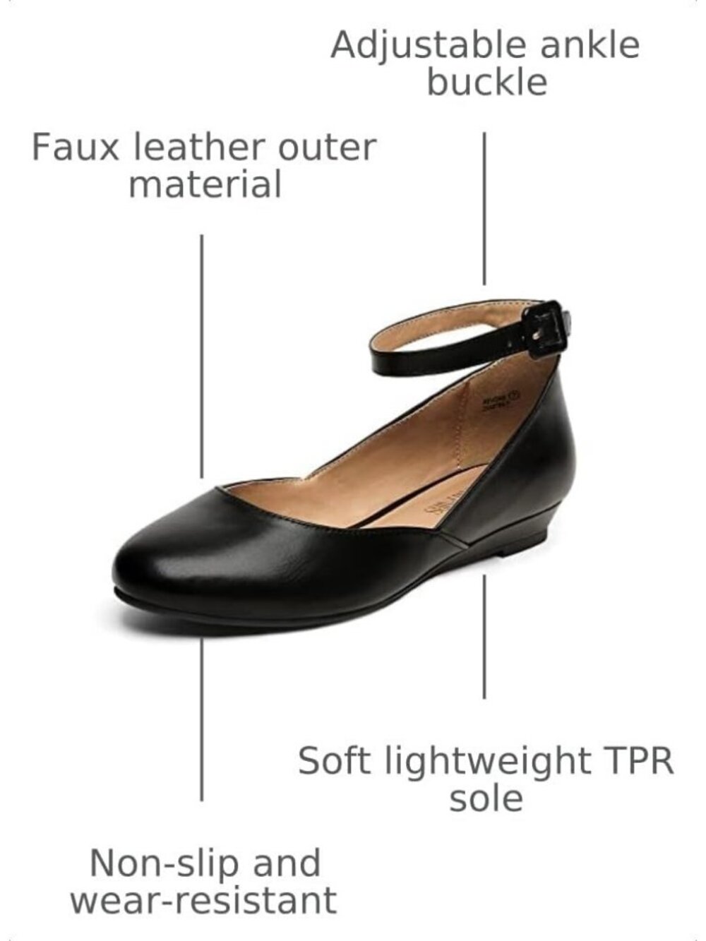 Women's Black PU Ankle Strap Ballet Flat Low Wedge Round Toe Comfortable Shoes - Picture 3 of 6